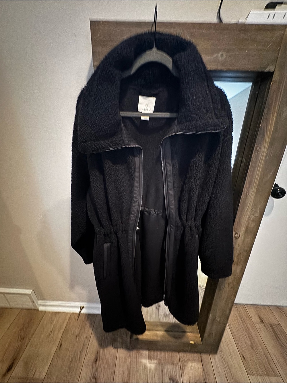 Plush Black Teddy Coat with Drawstring Waist
